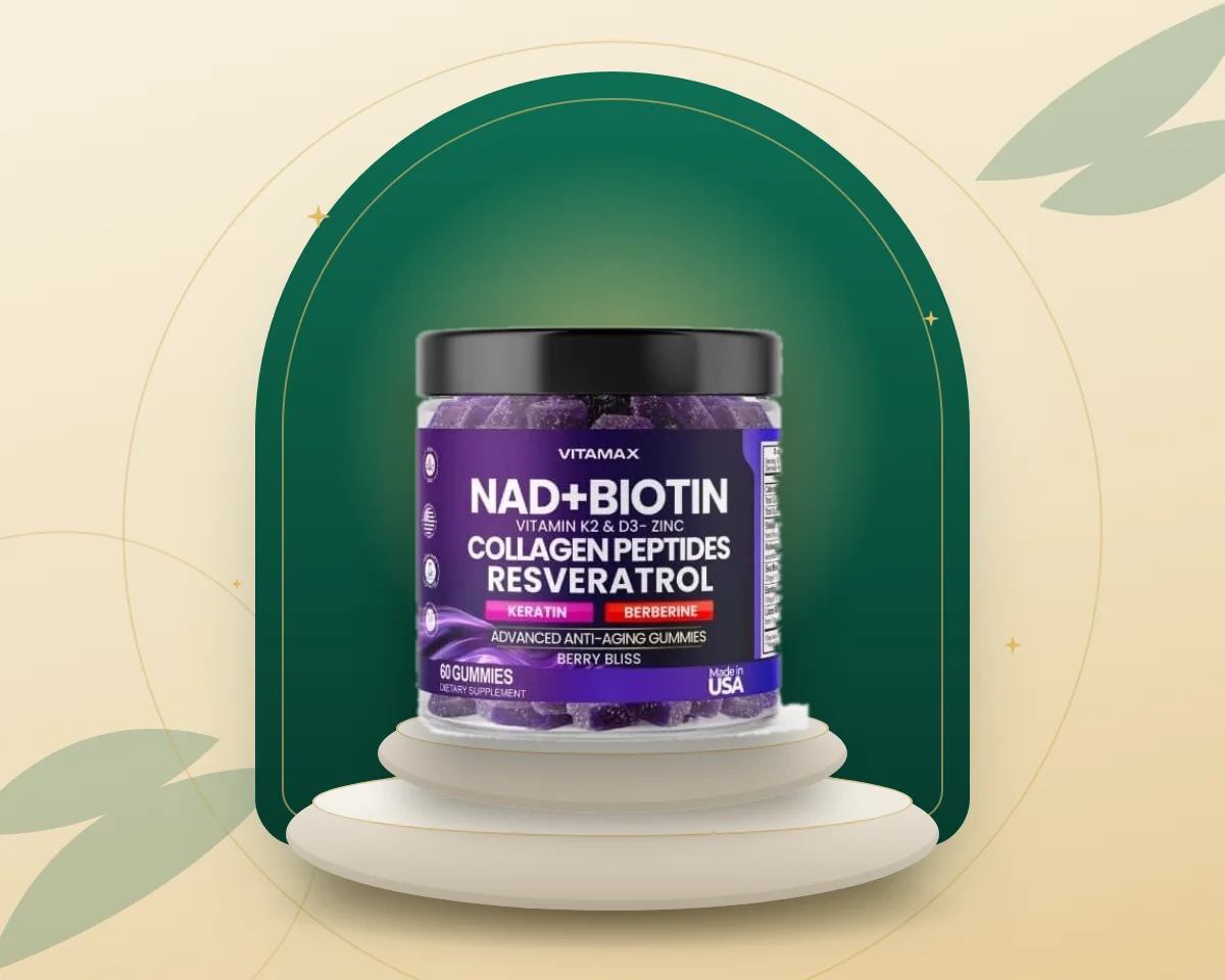 عبوة علكات NAD+ مع البيوتين على منصة عرض حجرية